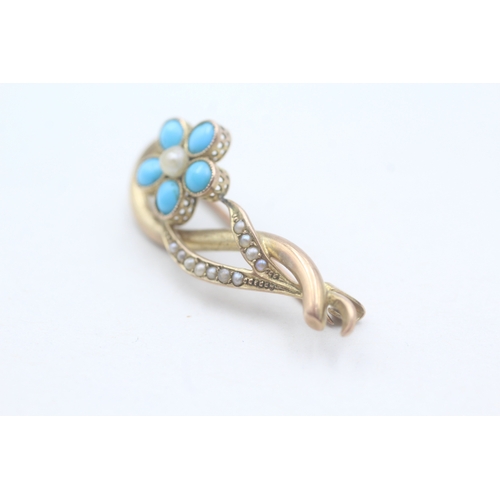 23 - 9ct gold turquoise split pearl brooch (2.5g)