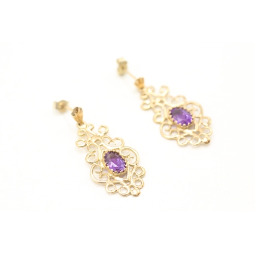 233 - 9ct gold amethyst framed drop earrings (1.8g)