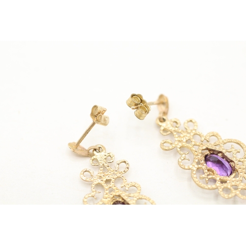 233 - 9ct gold amethyst framed drop earrings (1.8g)