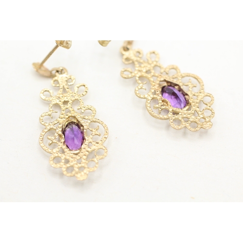 233 - 9ct gold amethyst framed drop earrings (1.8g)