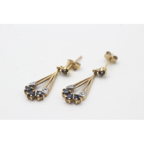 240 - 9ct gold diamond & sapphire drop earrings (1.5g)