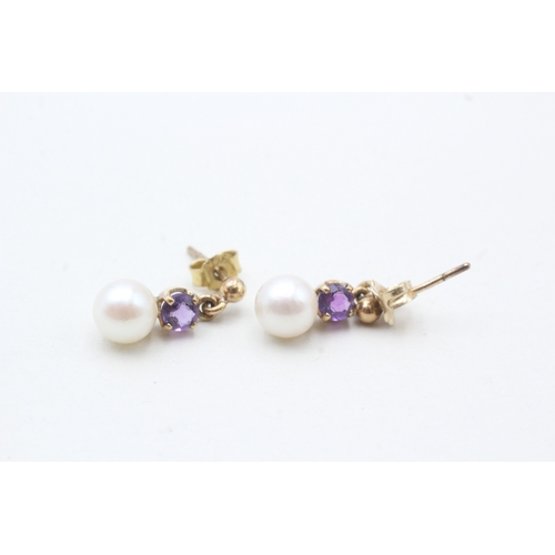 245 - 9ct gold amethyst & cultured pearl drop earrings (1.9g)