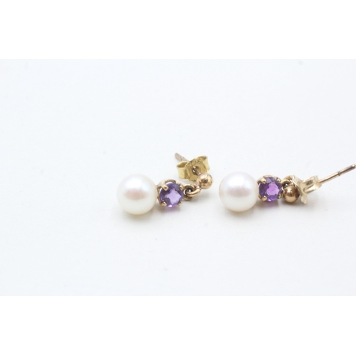 245 - 9ct gold amethyst & cultured pearl drop earrings (1.9g)