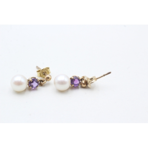 245 - 9ct gold amethyst & cultured pearl drop earrings (1.9g)