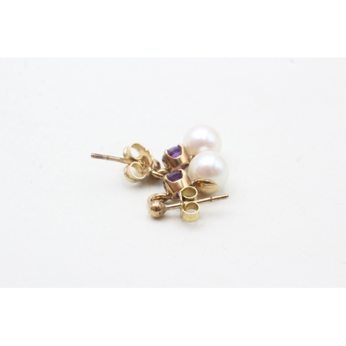 245 - 9ct gold amethyst & cultured pearl drop earrings (1.9g)