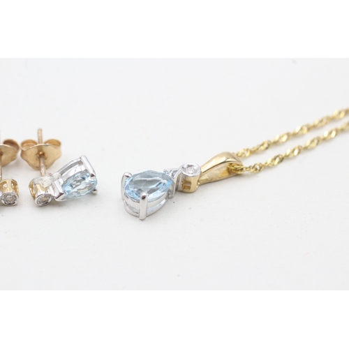 248 - 9ct gold diamond & topaz pendant necklace & earrings set (2.6g)