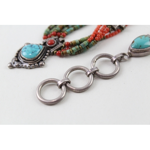 253 - Collection of Sterling Silver Turquoise & Coral Set Jewellery x 2 69g