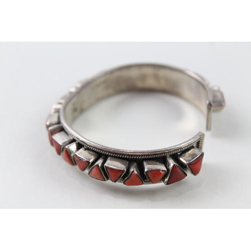 261 - Sterling Silver Coral Cuff Bangle 53g