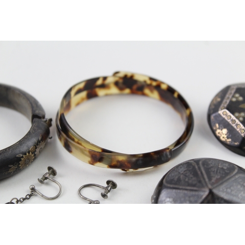 271 - Collection of Antique Tortoiseshell Jewellery inc. Precious Metal Inlay x 6 43g