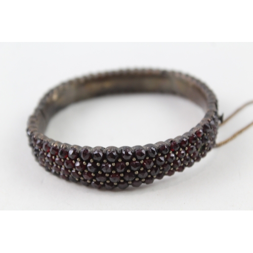 287 - Antique Bohemian Garnet Multi Row Bangle w/ Safety Chain 31g