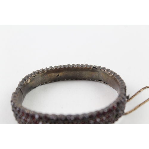 287 - Antique Bohemian Garnet Multi Row Bangle w/ Safety Chain 31g