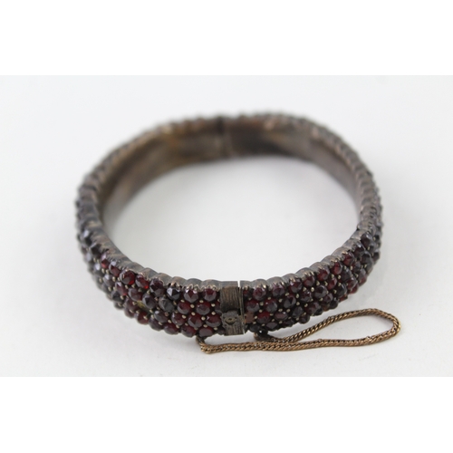 287 - Antique Bohemian Garnet Multi Row Bangle w/ Safety Chain 31g