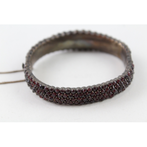 287 - Antique Bohemian Garnet Multi Row Bangle w/ Safety Chain 31g