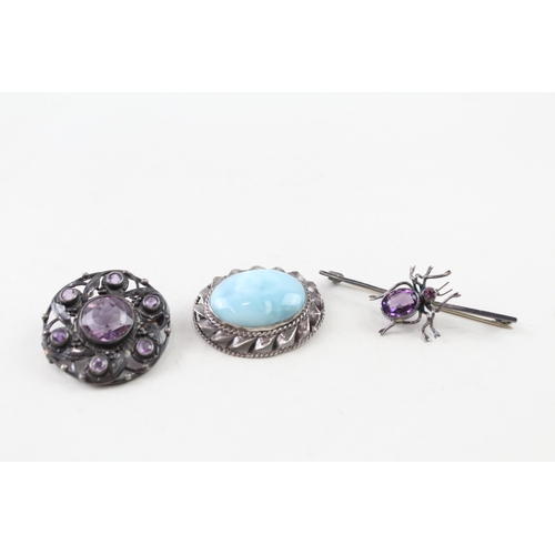 293 - Collection of Sterling Silver Gemstone Brooches inc. Larimar, Amethyst x 3 21g