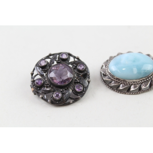 293 - Collection of Sterling Silver Gemstone Brooches inc. Larimar, Amethyst x 3 21g