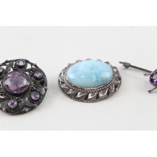 293 - Collection of Sterling Silver Gemstone Brooches inc. Larimar, Amethyst x 3 21g