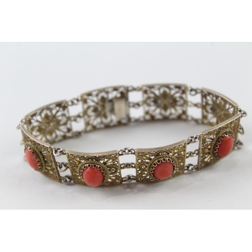 296 - Silver Coral Set Filigree Bracelet 19g