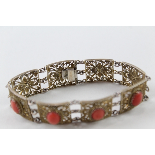 296 - Silver Coral Set Filigree Bracelet 19g