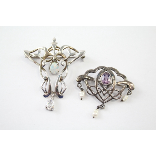 Collection of Sterling Silver Nouveau Inspired Gemstone Brooches x 2 15g