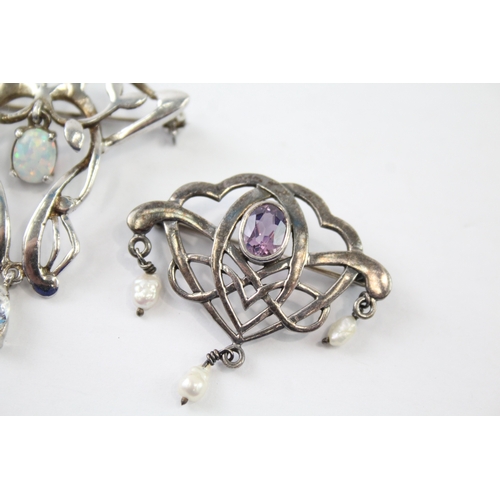 342 - Collection of Sterling Silver Nouveau Inspired Gemstone Brooches x 2 15g