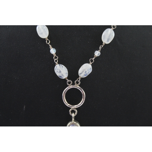 346 - Sterling Silver Moonstone Necklace w/ Moonstone Cross Pendant 42g