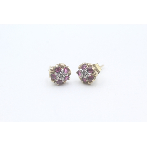 36 - 9ct gold ruby and diamond flower cluster stud earrings (1.2g)