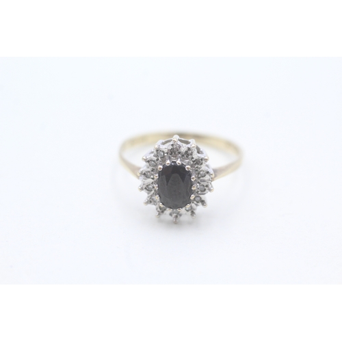 50 - 9ct gold sapphire and diamond halo set ring (2.2g) Size P