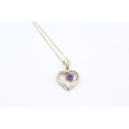 69 - 9ct gold amethyst and diamond heart shaped pendant on chain (1.7g)