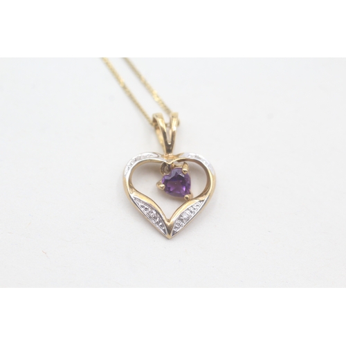 69 - 9ct gold amethyst and diamond heart shaped pendant on chain (1.7g)