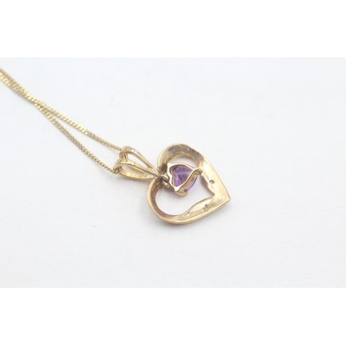 69 - 9ct gold amethyst and diamond heart shaped pendant on chain (1.7g)