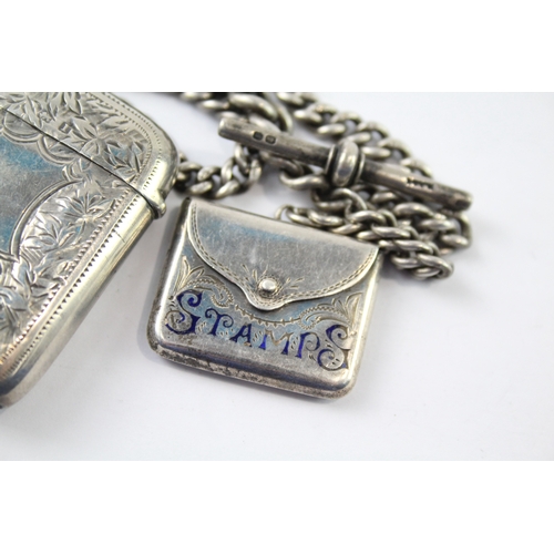 355 - Antique Edwardian .925 Sterling Silver Vesta w/ Albert Chain, Stamp Case Etc 49g