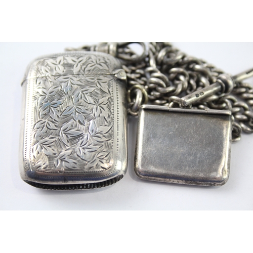 355 - Antique Edwardian .925 Sterling Silver Vesta w/ Albert Chain, Stamp Case Etc 49g