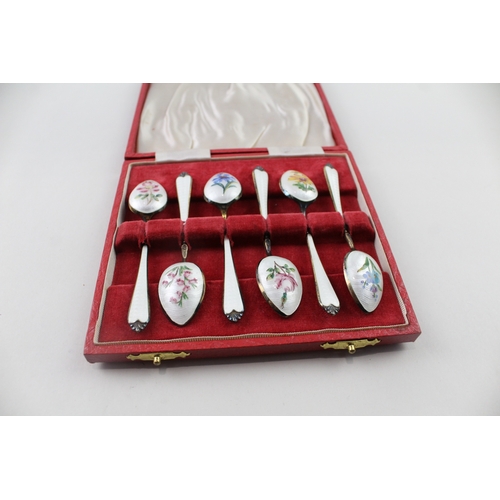 362 - 6 x Vintage Hallmarked 1954 Birmingham Sterling Silver Floral Enamel Spoons 74g