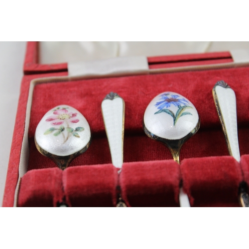 362 - 6 x Vintage Hallmarked 1954 Birmingham Sterling Silver Floral Enamel Spoons 74g