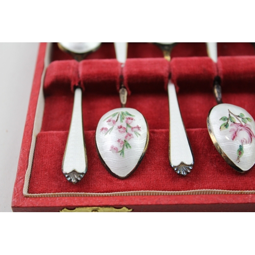 362 - 6 x Vintage Hallmarked 1954 Birmingham Sterling Silver Floral Enamel Spoons 74g