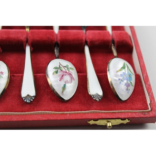 362 - 6 x Vintage Hallmarked 1954 Birmingham Sterling Silver Floral Enamel Spoons 74g