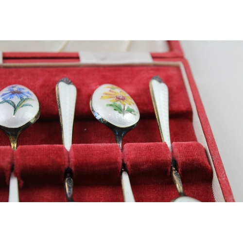 362 - 6 x Vintage Hallmarked 1954 Birmingham Sterling Silver Floral Enamel Spoons 74g