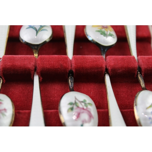 362 - 6 x Vintage Hallmarked 1954 Birmingham Sterling Silver Floral Enamel Spoons 74g