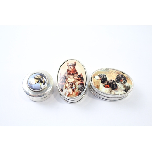 383 - 3 x Vintage .925 Sterling Silver Dog Themed Enamel Pill / Trinket Boxes (50g)