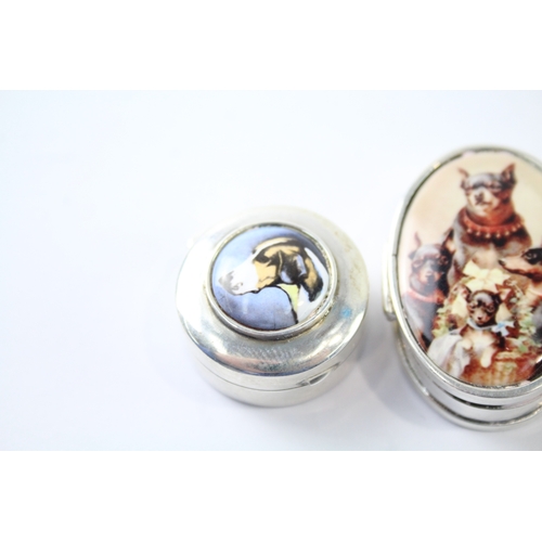 383 - 3 x Vintage .925 Sterling Silver Dog Themed Enamel Pill / Trinket Boxes (50g)