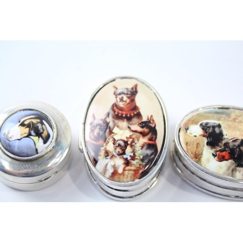 383 - 3 x Vintage .925 Sterling Silver Dog Themed Enamel Pill / Trinket Boxes (50g)