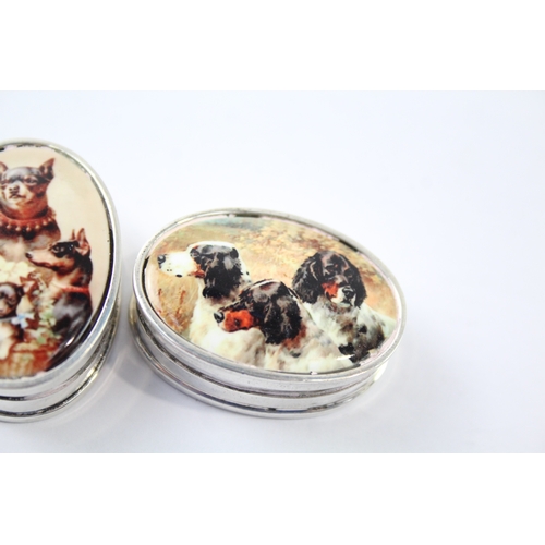 383 - 3 x Vintage .925 Sterling Silver Dog Themed Enamel Pill / Trinket Boxes (50g)