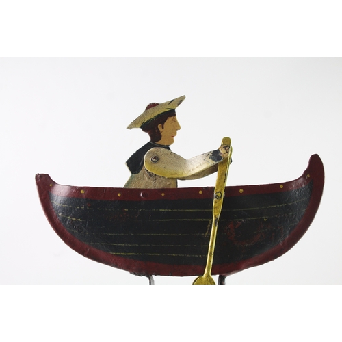 408 - Vintage Painted Metal BALANCE Toy / Ornament Naive Folk Art Sailor Rowing Boat