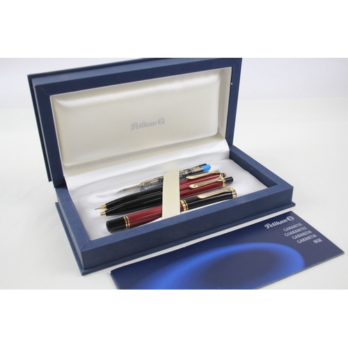 472 - PELIKAN M400 Red Stripped Fountain Pen w/ 14ct Gold Nib, Ballpoint, Pencil, Box