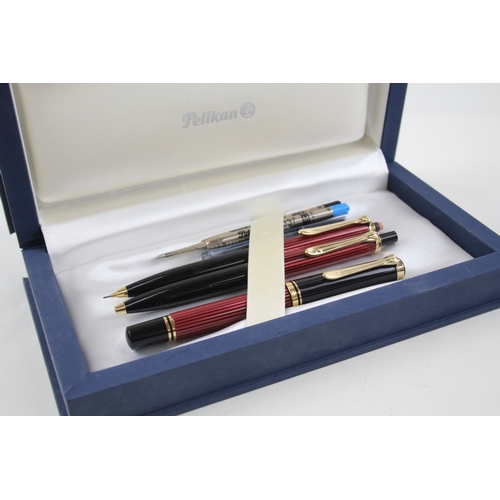 472 - PELIKAN M400 Red Stripped Fountain Pen w/ 14ct Gold Nib, Ballpoint, Pencil, Box