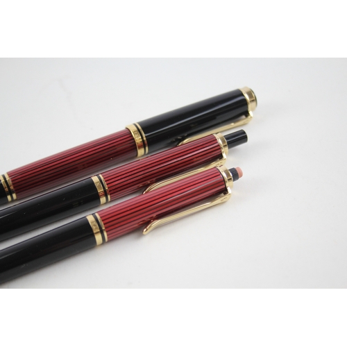 472 - PELIKAN M400 Red Stripped Fountain Pen w/ 14ct Gold Nib, Ballpoint, Pencil, Box