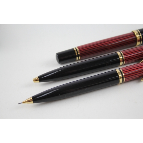 472 - PELIKAN M400 Red Stripped Fountain Pen w/ 14ct Gold Nib, Ballpoint, Pencil, Box