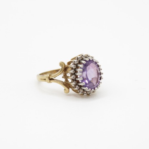 213 - 9ct gold diamond and amethyst halo set ring (3.5g) Size K 1/2