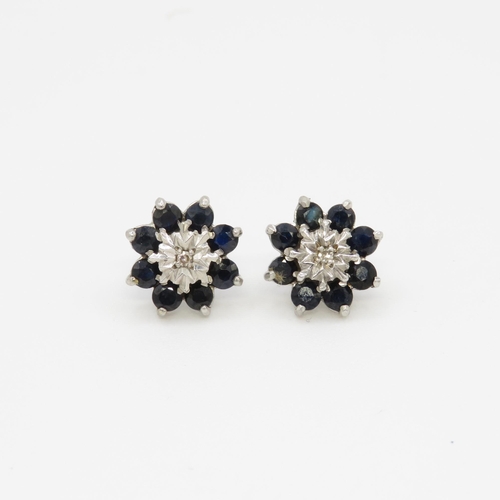 28 - 9ct white gold diamond & sapphire floral cluster stud earrings (2.5g)