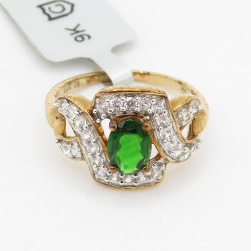 3 - 9ct gold diopside and white zircon ring with certificate (2.7g) Size L 1/2